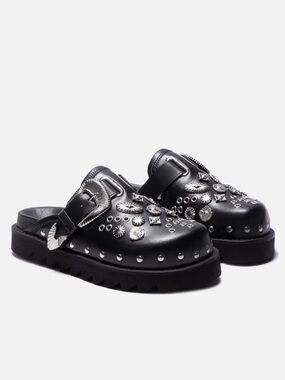 TOGA Pulla Black Leather Studded Clogs with Silver Hardware